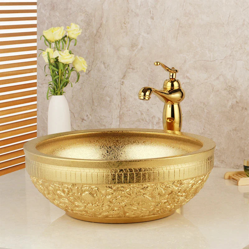 Afralia™ Golden Ceramic Washbasin and Brass Mixer Faucet Set