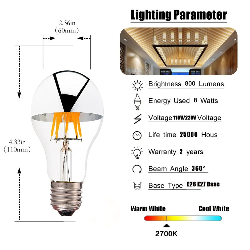 Afralia™ LED Filament Bulb A19 Silver Bowl 8W 800lm Dimmable CRI 85 2700K 6000K Warm Cold