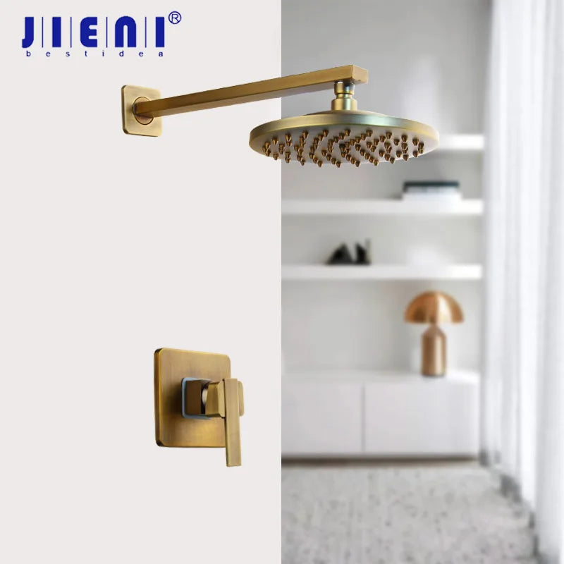 Afralia™ 8" Antique Brass Round Wall Mounted Bathroom Shower Faucet Set with Rainfall Head & Hand Shower