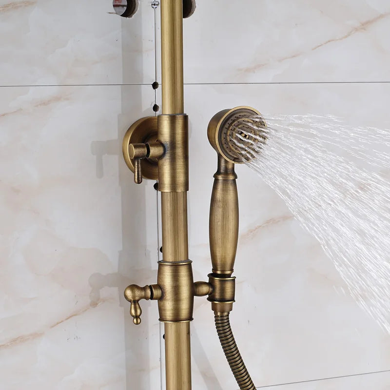 Afralia™ Antique Brass Wall Mount Bathtub Shower Faucet Dual Handle Shelf Spout