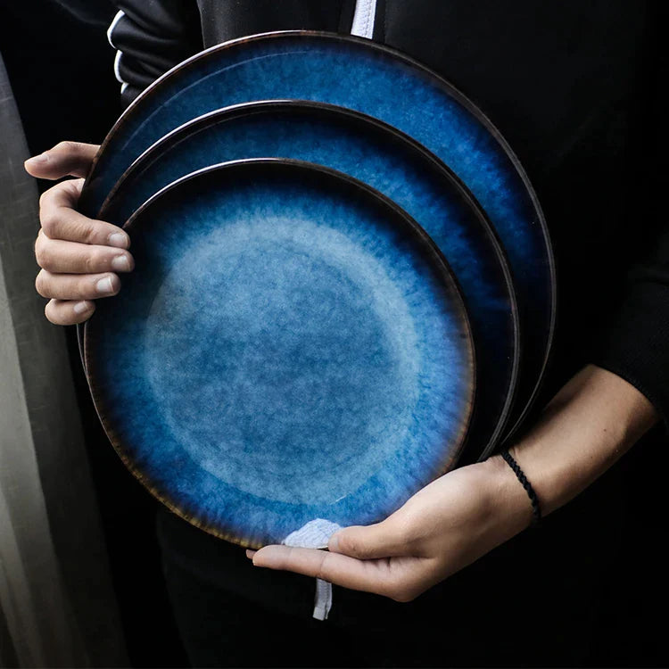 Afralia™ Blue Ceramic Round Plate - Commercial Steak Dish Wholesale