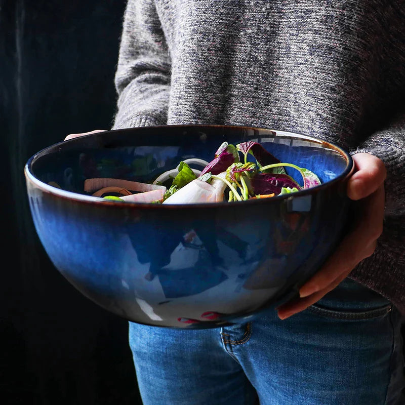 Afralia™ Deep Blue Ceramic Porcelain Salad Bowl - 2L Capacity