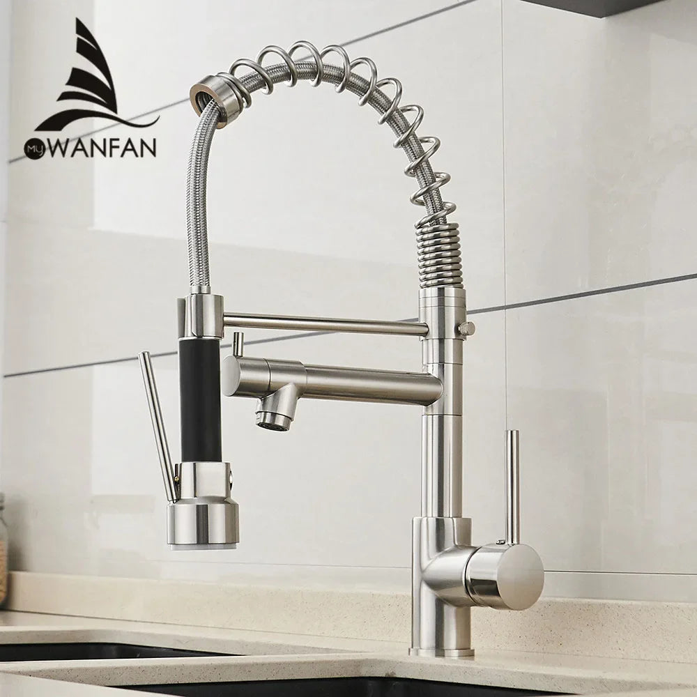 Afralia™ Brushed Nickel Kitchen Faucet Pull Out Mixer Tap Swivel Water Outlet