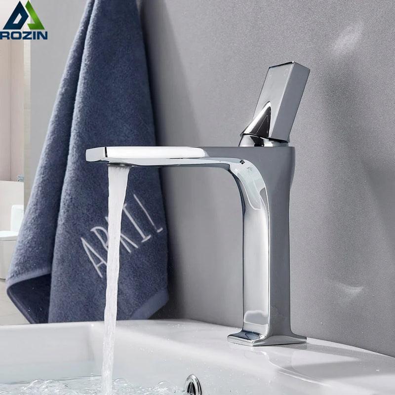 Afralia™ Chrome Square Single Lever Bathroom Sink Faucet - Cold and Hot Water, Single Hole