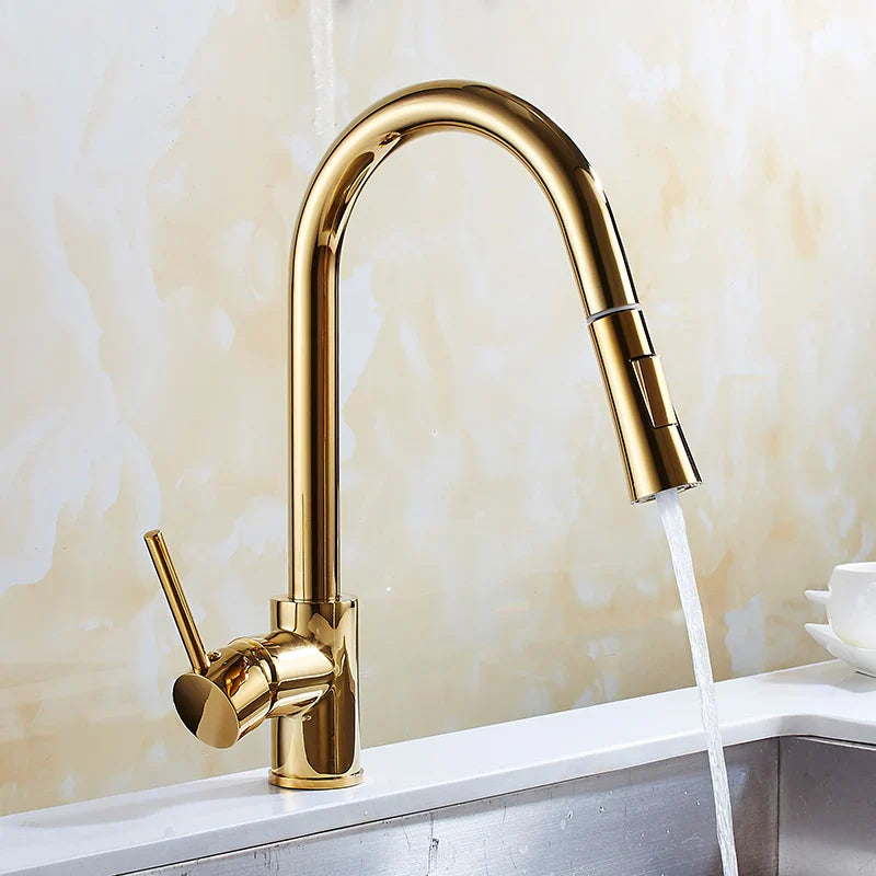 Afralia™ Chrome/Gold/Nickel Kitchen Faucet Single Handle Pull Out Rotating Mixer Tap