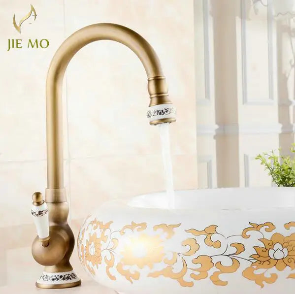 Afralia™ Antique Brass Porcelain Basin Mixer Hot Cold Tap - 360 Degree Swivel Kitchen Faucet