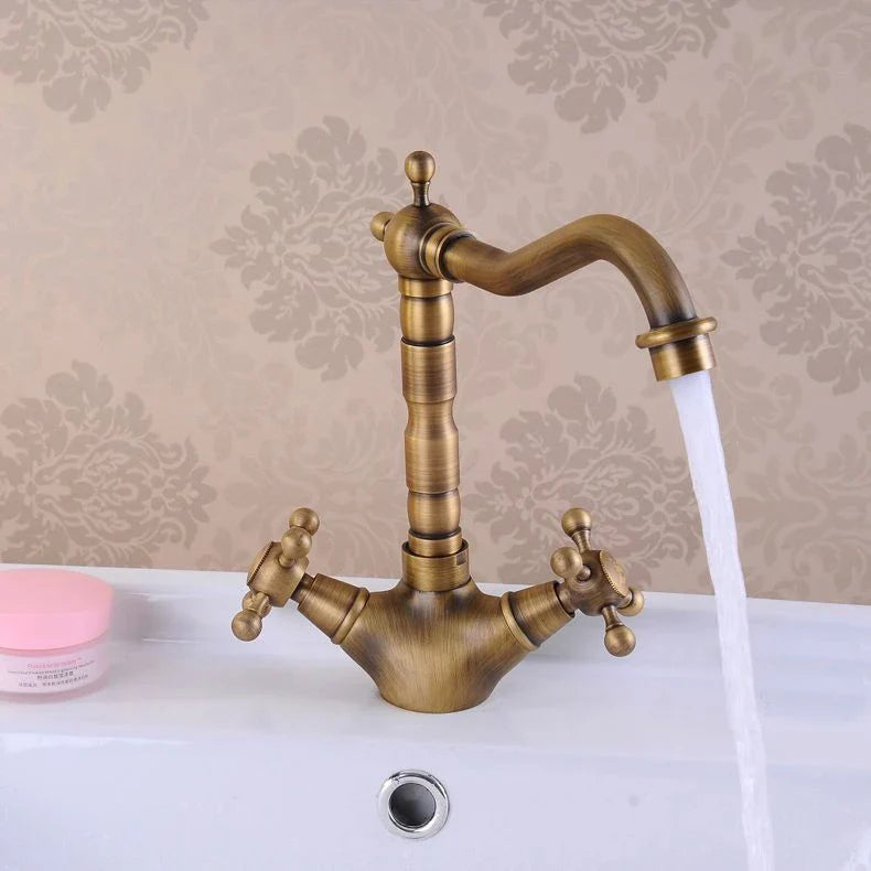 Afralia™ Antique Brass Double Cross Handle Basin Faucet - 360 Degree Swivel Spout