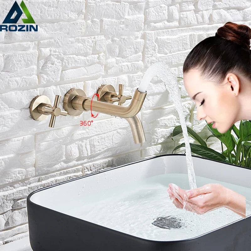 Afralia™ Golden Dual Handle Wall Mounted Basin Faucet - Rotate Spout Sink Mixers
