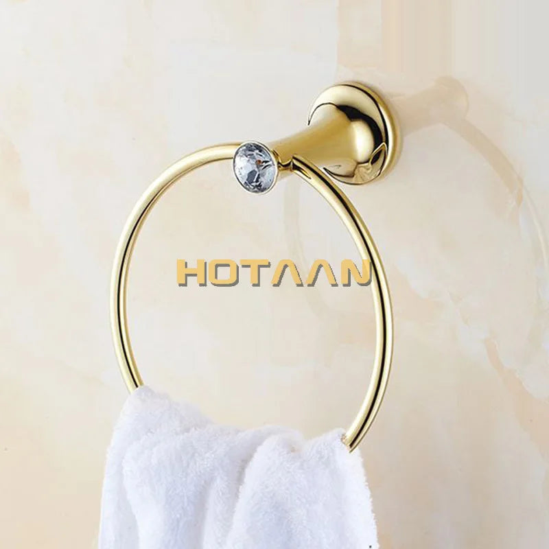 Afralia™ Golden Stainless Steel Crystal Towel Ring Bathroom Accessories
