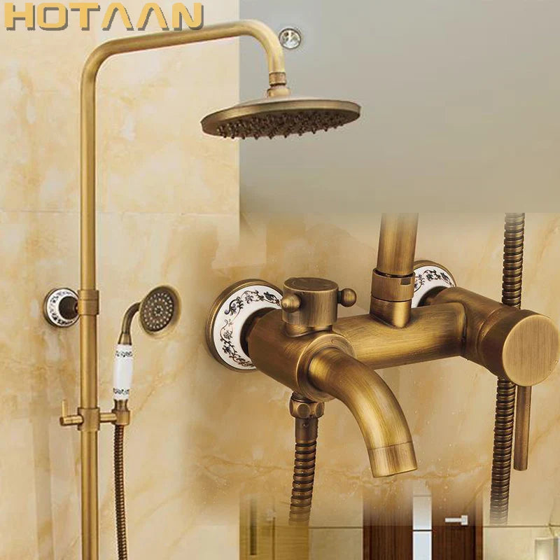 Afralia™ Antique Brass Rainfall Shower Faucet Set with Hand Shower