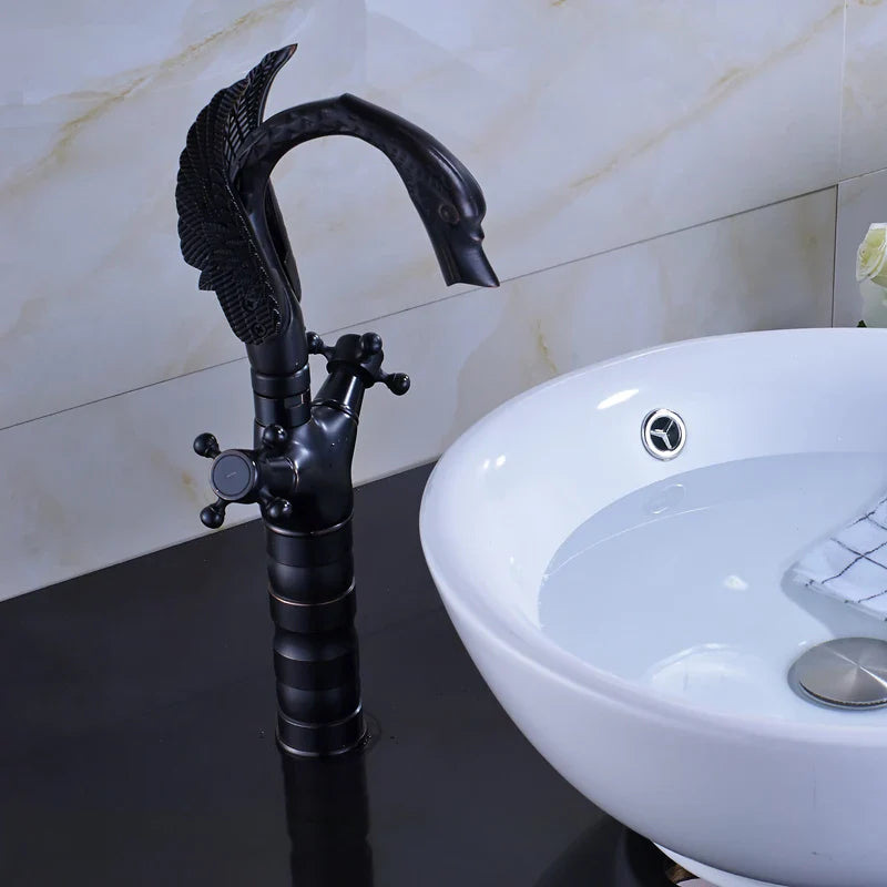 Afralia™ Black Bronze Swan Basin Faucet Dual Cross Handle Deck Mounted Bathroom Mixer