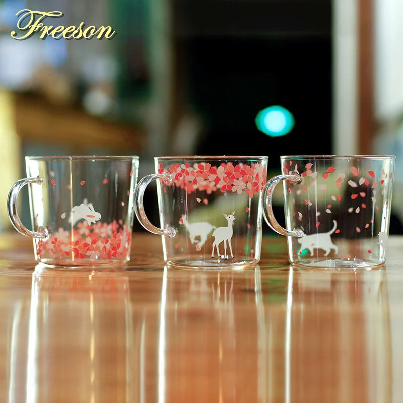 Afralia™ Sakura Glass Coffee Mug Cat Deer Rabbit Tea Cup Maid Drinkware