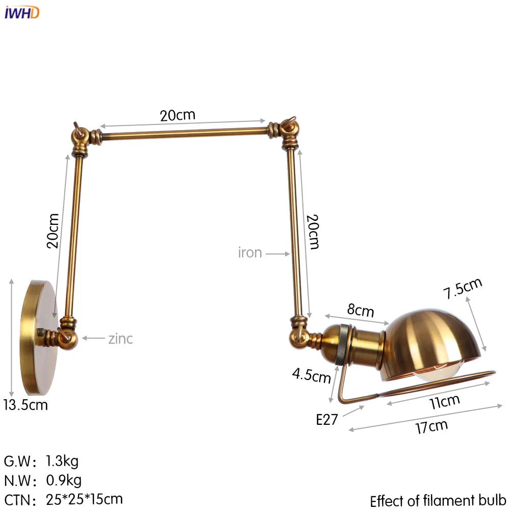 Afralia™ Golden Loft Swing Arm LED Wall Sconce Retro Style Lamp - Adjustable Long Arm Light Fixtures