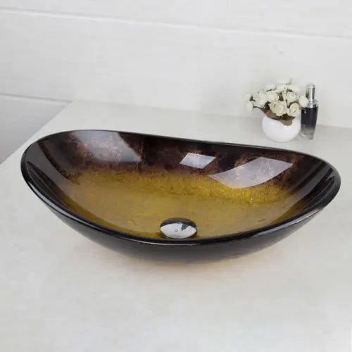 Afralia™ Oval Tempered Glass Vessel Sink in Blue & Yellow Color Combination