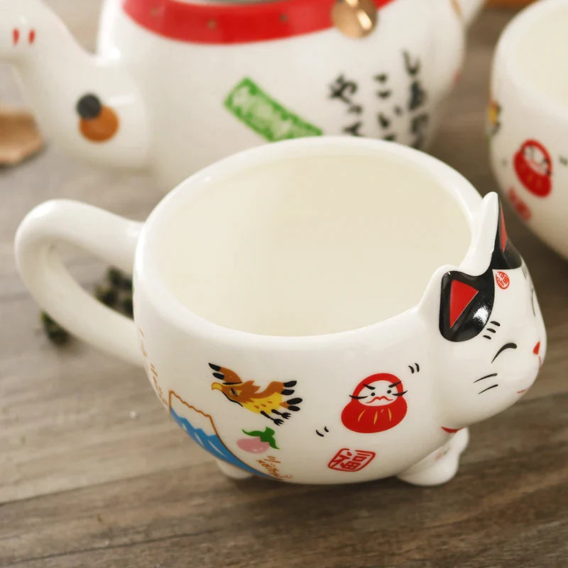 Afralia™ Lucky Cat Porcelain Tea Set: Maneki Neko Tea Cup Pot, Strainer, Plutus Cat Teapot Mug