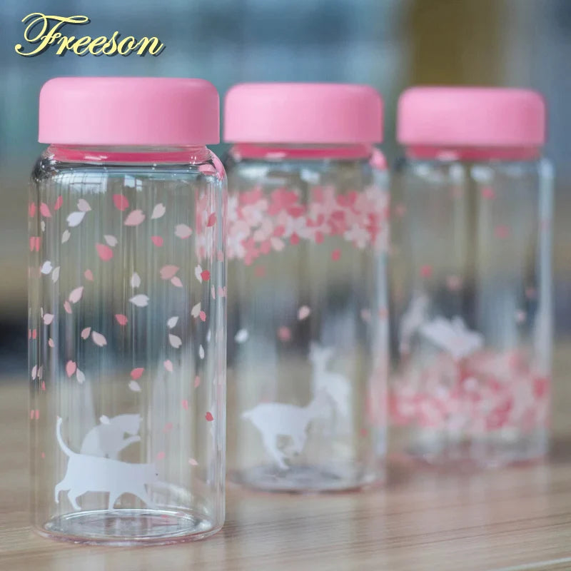 Afralia™ Kawaii Sakura Glass Water Bottle 310ml Cute Cartoon Animal Design