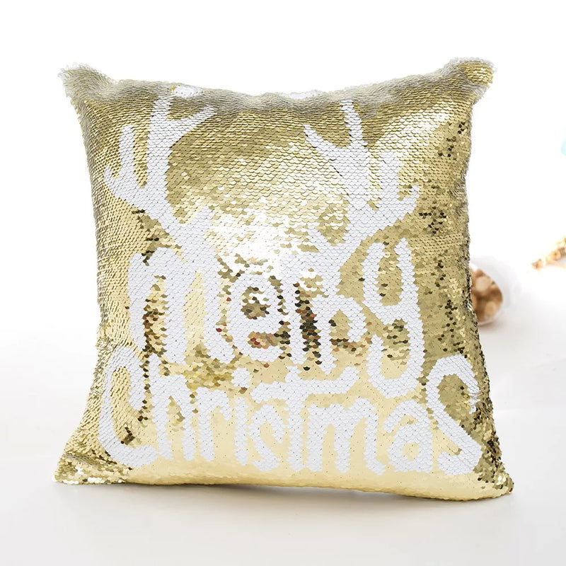 Golden Mermaid Snowflake Deer Sequin Christmas Pillow Cover for Sofa Bed Afralia™