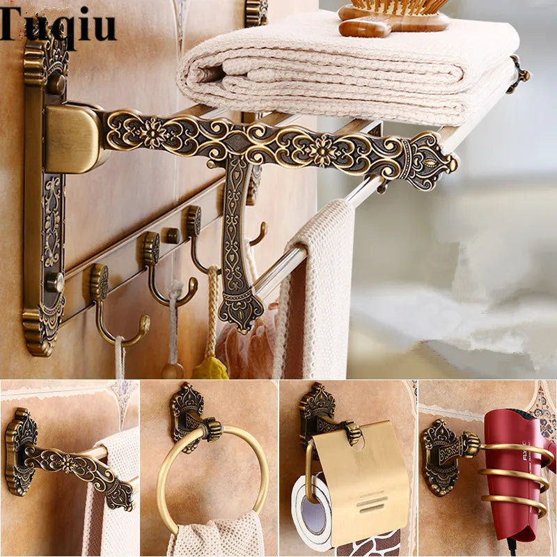 Afralia™ Antique Bronze Carved Aluminum Bathroom Accessories Set: Towel Rack, Paper Holder, Hooks