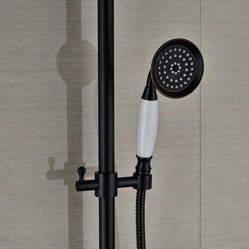 Afralia™ Black Bronze Bathroom Shower Faucet Set with Dual Ceramic Handles & 8" Rainfall Column