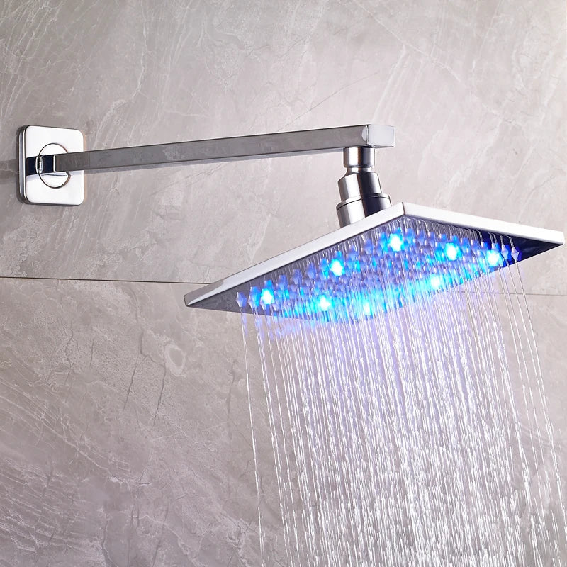 Afralia™ 8" Brass Square LED Rainfall Shower Head with Wall Mount Arm Pipe