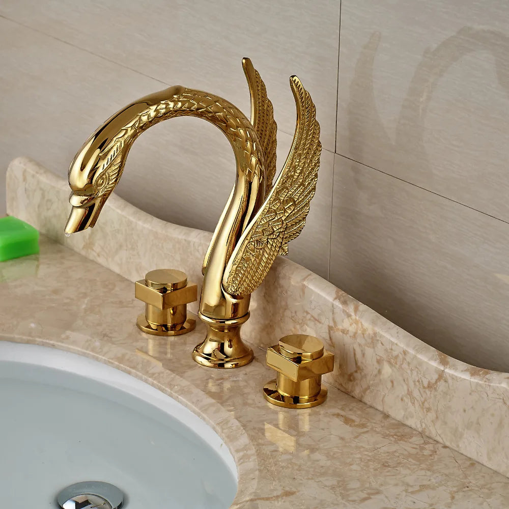 Afralia™ Swan Dual Handle Gold Basin Faucet | Widespread Bathroom Mixer Tap