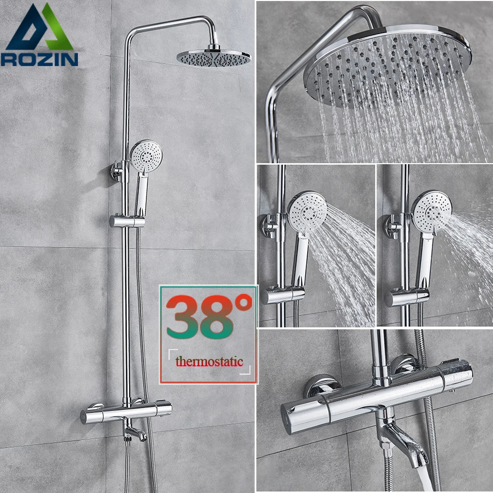 Afralia™ Chrome Thermostatic Rainfall Shower Set Wall Mount Rotate Watering Can Shower Faucet