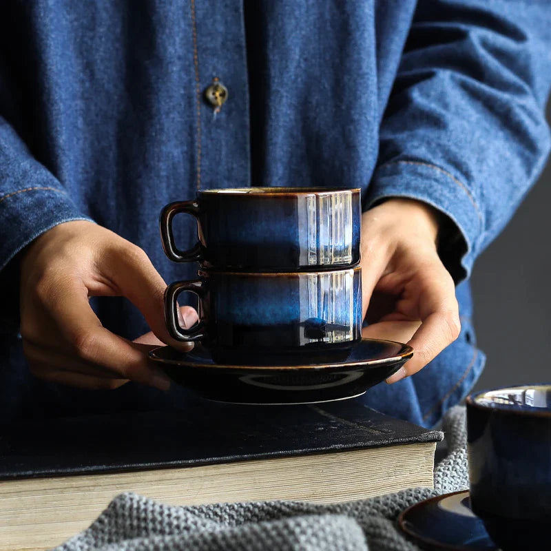 Afralia™ Deep Blue Ceramic Espresso Coffee Cup Saucer Set