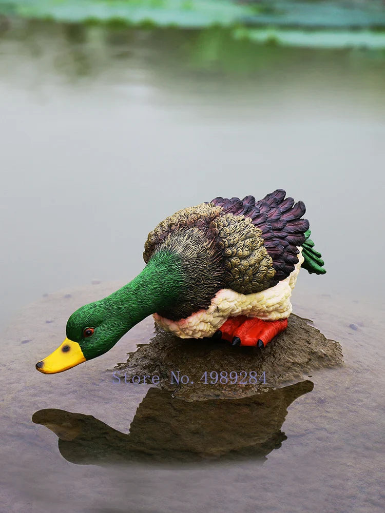 Afralia™ Resin Drinking Duck Sculpture for Garden Courtyard Pond Aquarium Decor