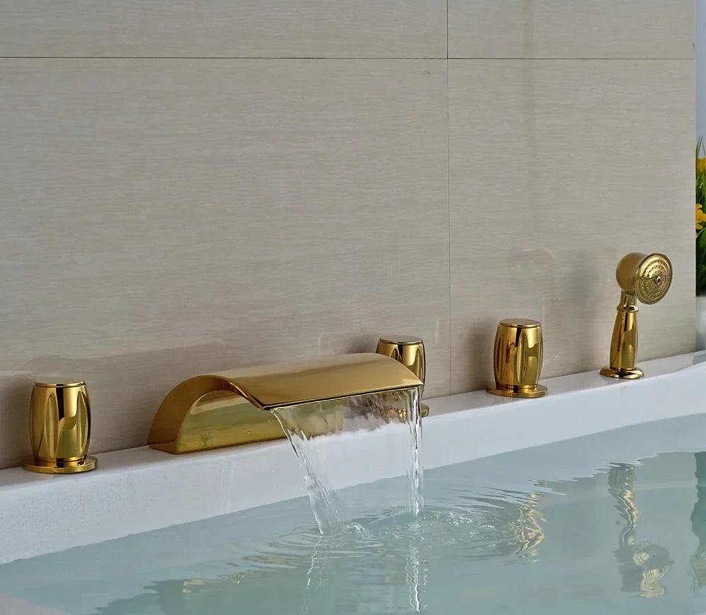 Afralia™ Golden Brass Bathtub Faucet with Handheld Shower - Deck Mounted