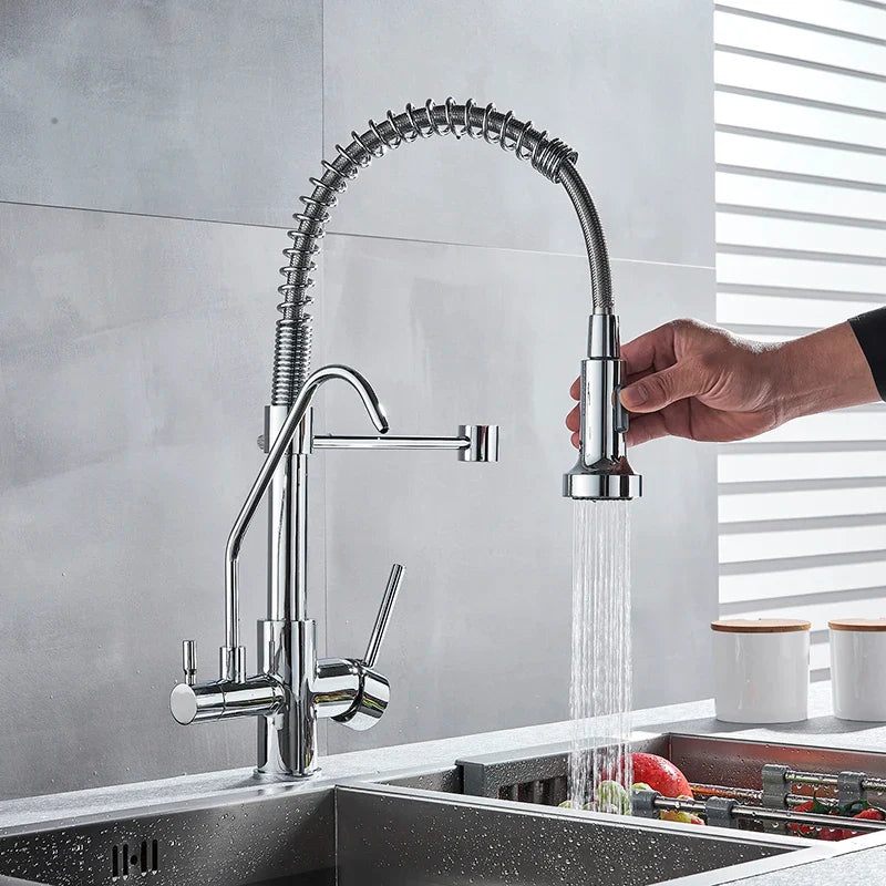 Afralia™ Chrome Kitchen Waterfilter Faucets with Dual Handle and 360 Degree Rotation