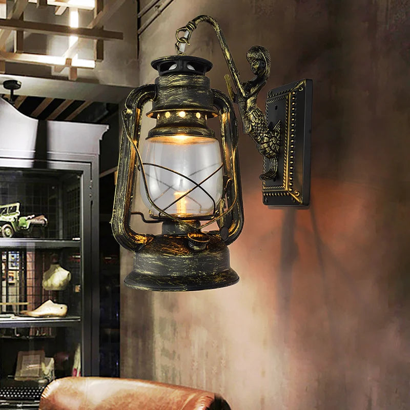 Afralia™ Retro Barn Lantern Kerosene Wall Lamp with Wrought Iron Glass Shade