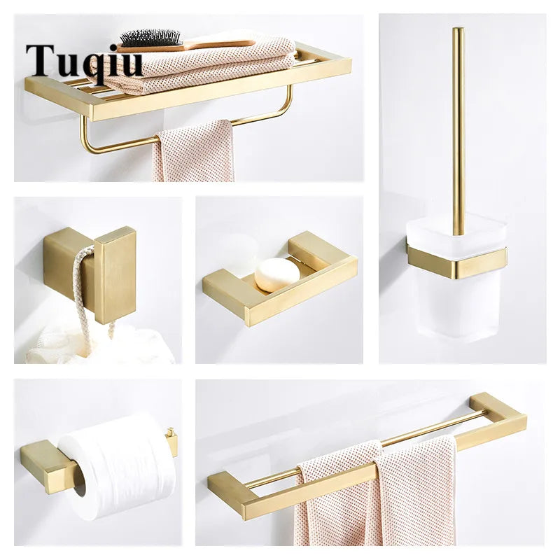 Afralia™ Bath Set: Towel Rack, Corner Shelf, Paper Holder, Mixer Faucet - Brushed Matt Gold