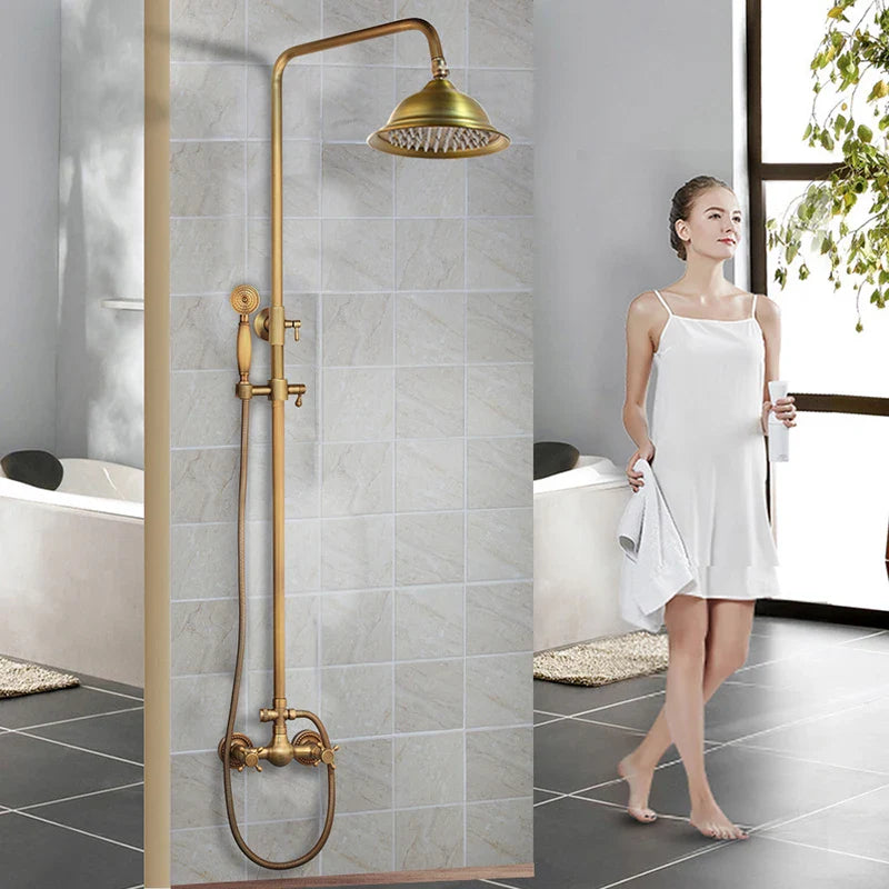 Afralia™ Antique Brass Rainfall Shower Faucet Set with 2 Functions