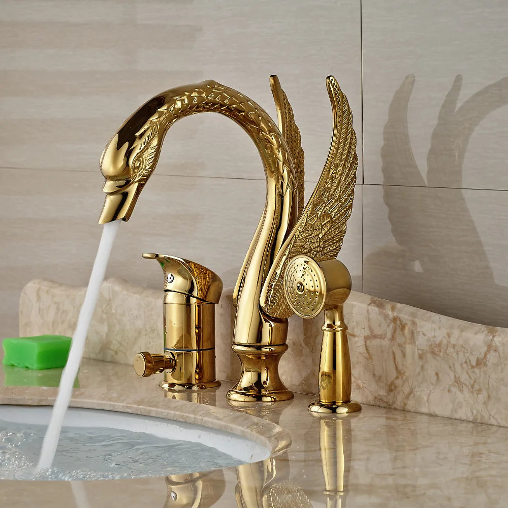Afralia™ Swan Bathtub Faucet Deck Mount with Handheld Shower - Golden Finish