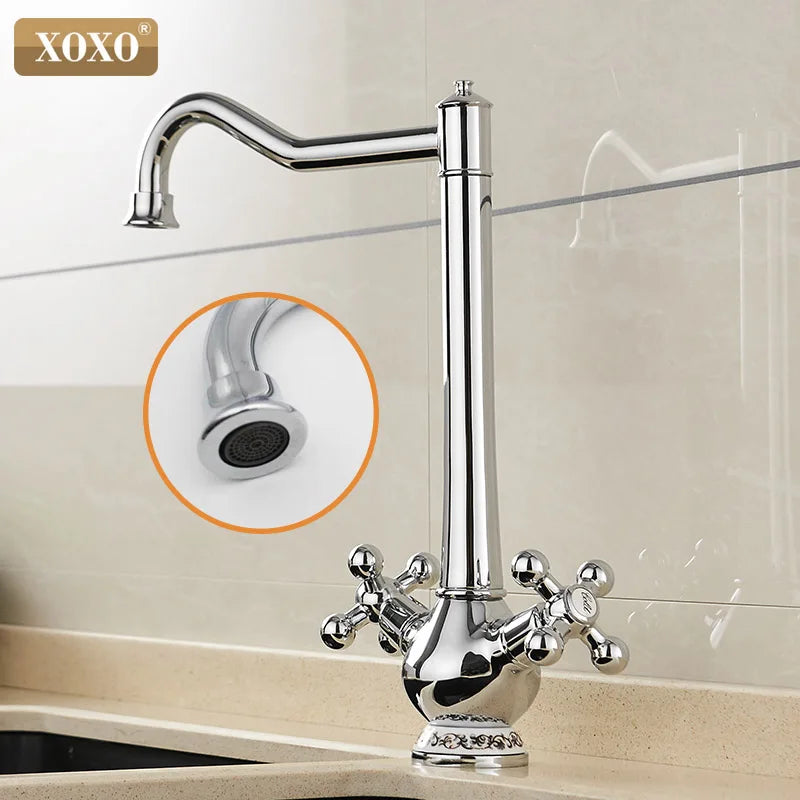 Afralia™ Chrome Double Cross Handle Kitchen Faucet with Swivel Spout
