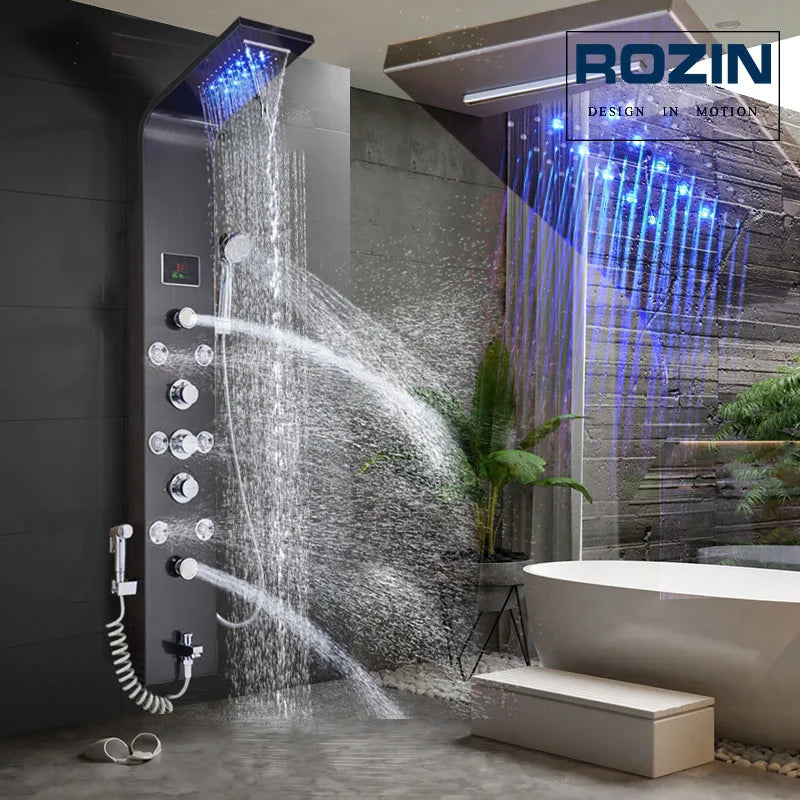 Afralia™ LED Rain Waterfall Shower Panel with Massage Jets and Bidet Sprayer