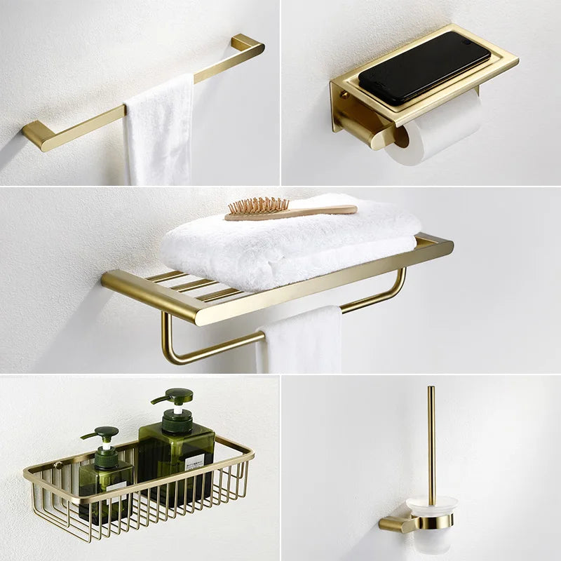 Afralia™ Brushed Gold Bathroom Hardware Set: Towel Rack, Paper Holder, Toilet Brush Holder, Hooks