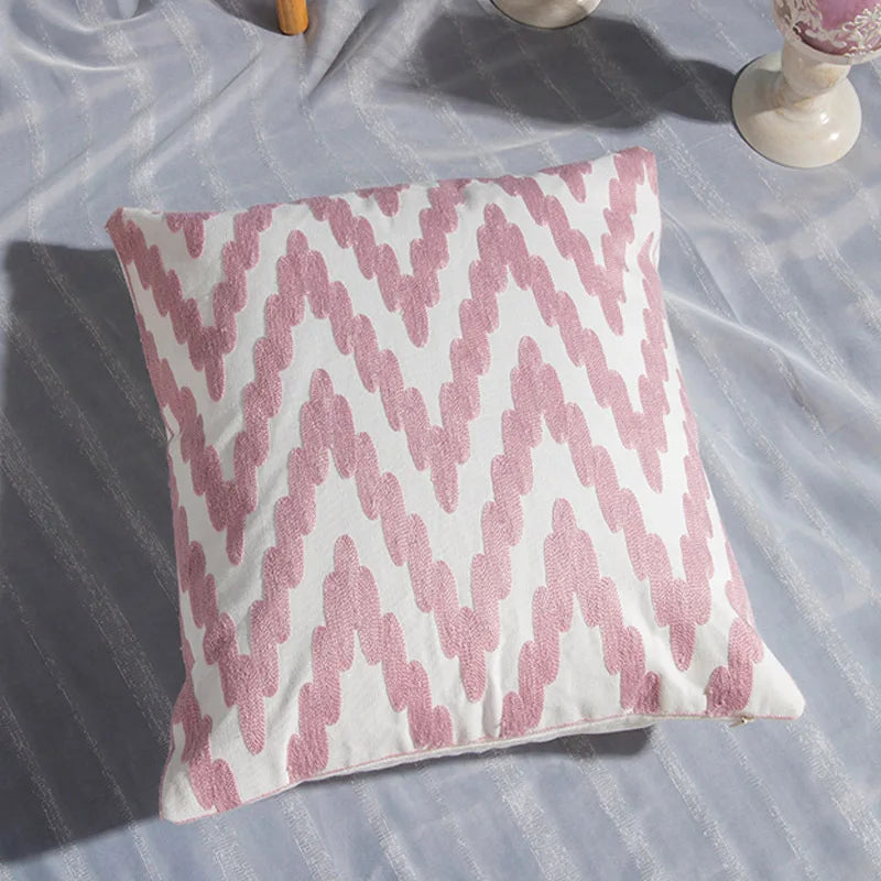 Afralia™ Pink Geometric Embroidered Cushion Cover 45x45cm Cotton Canvas Pillow Case