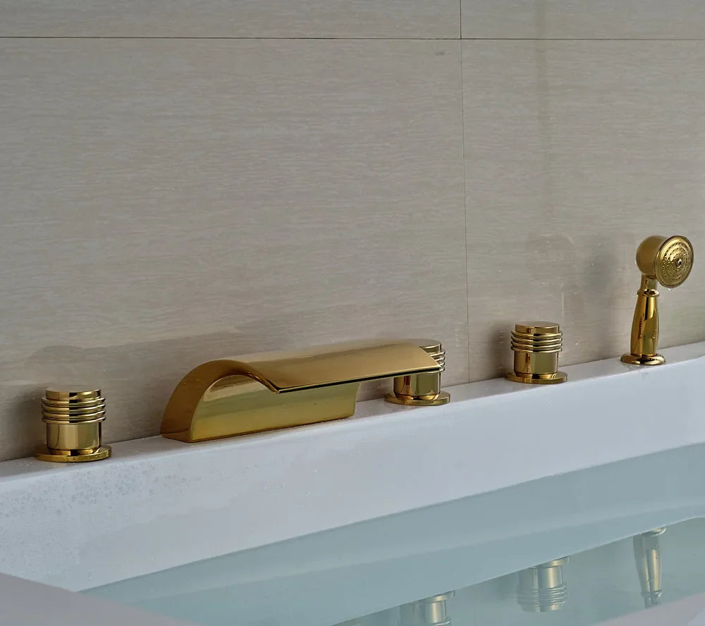 Afralia™ Golden Brass Bathtub Faucet with Handheld Shower - Deck Mounted