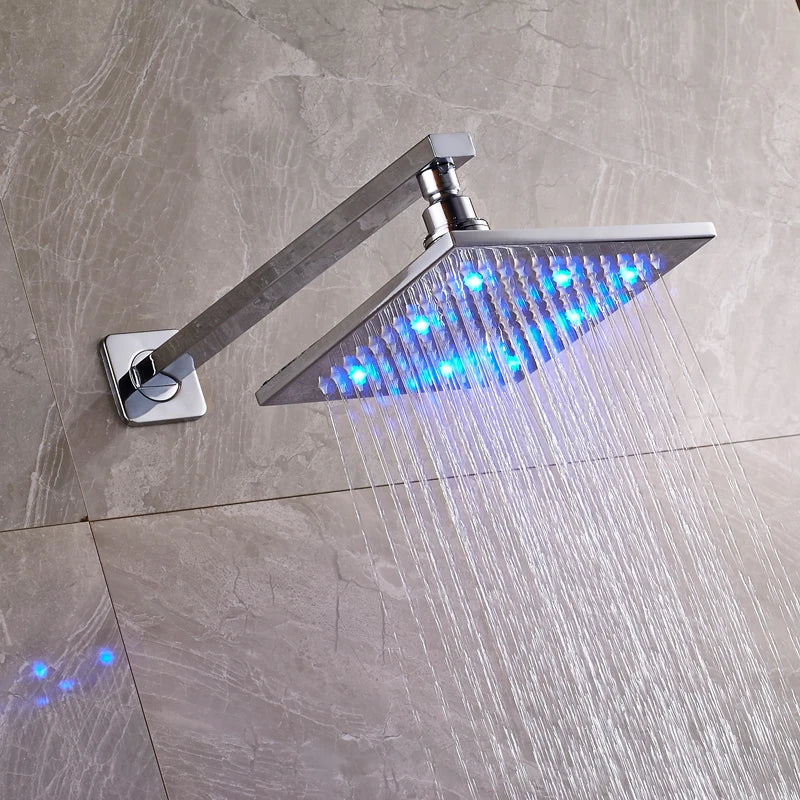 Afralia™ 8" Brass Square LED Rainfall Shower Head with Wall Mount Arm Pipe