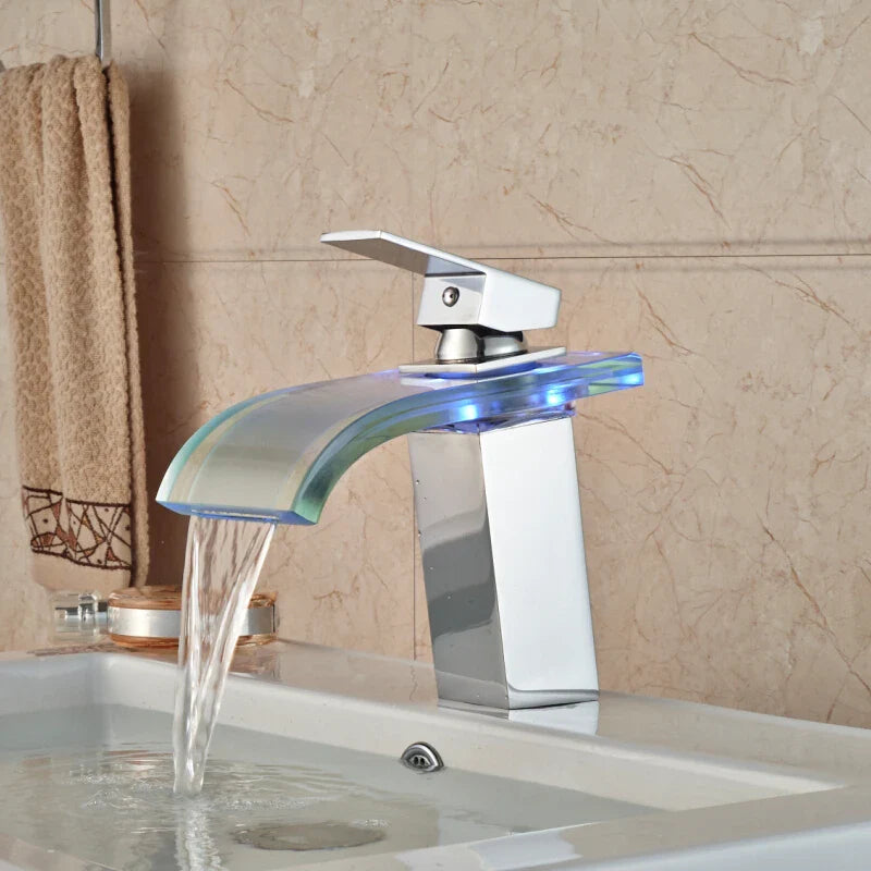 Afralia™ LED Glass Waterfall Basin Faucet | Square Single Handle Bathroom Sink Mixer