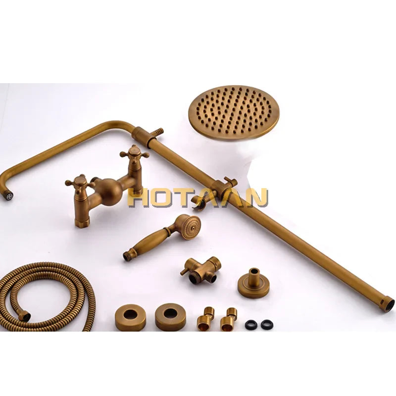 Afralia™ Antique Brass Bathroom Shower Faucet Set with Handshower, Tub Spout, and 8" Rainfall Head