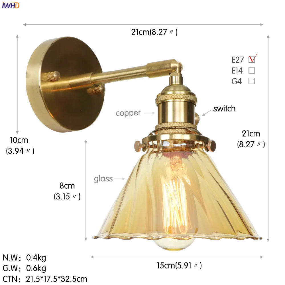 Afralia™ Nordic Glass LED Wall Lights Bedroom Bathroom Mirror Switch Modern Copper Sconce