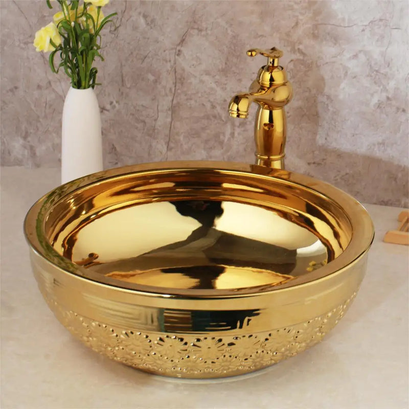 Afralia™ Golden Ceramic Washbasin and Brass Mixer Faucet Set