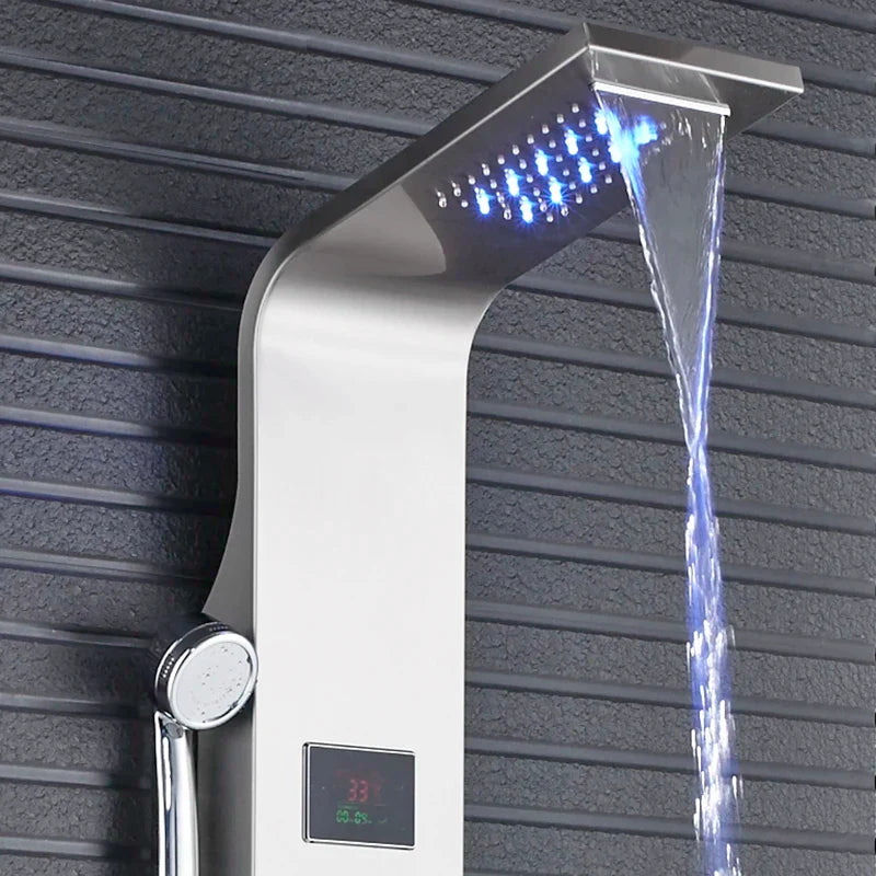 Afralia™ Spa Massage Jet Black LED Shower Panel with Waterfall Rainfall and Bidet Spray