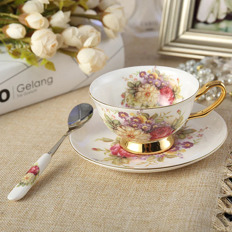 Afralia™ Elegant Floral Bone China Tea Cup Set 200ml - Premium Porcelain Teacup Saucer Spoon