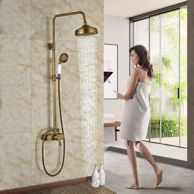 Afralia™ Antique Brass Shower Set with 8" Rainfall Head and Hand Sprayer