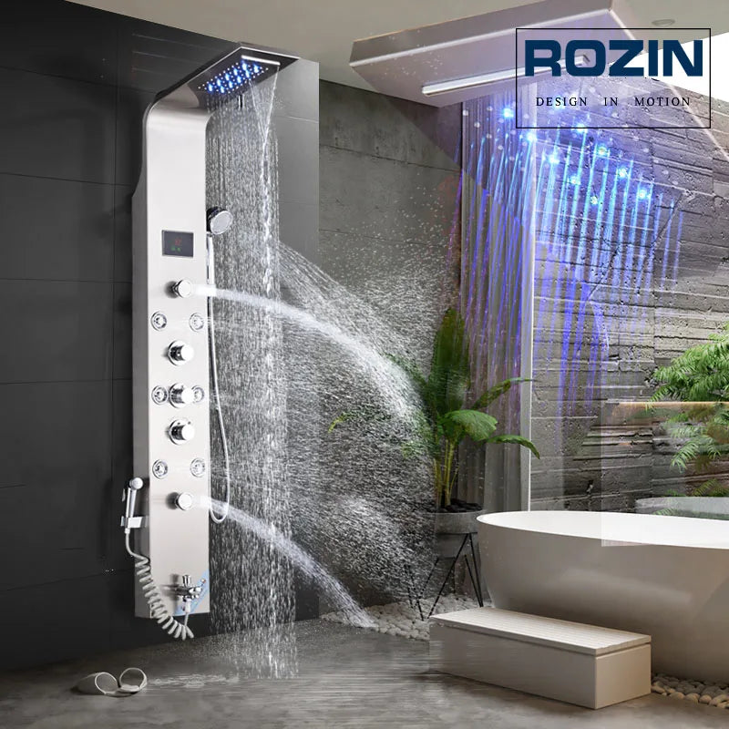 Afralia™ Black LED Waterfall Rain Shower Panel with Massage Sprayer and Bidet Tap