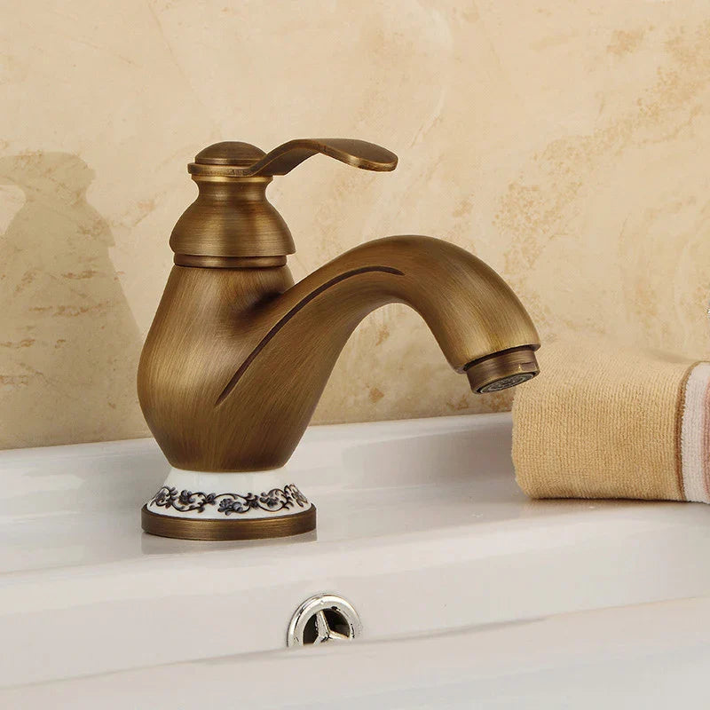 Afralia™ Antique Brass Single Handle Deck Mount Bathroom Sink Faucet.