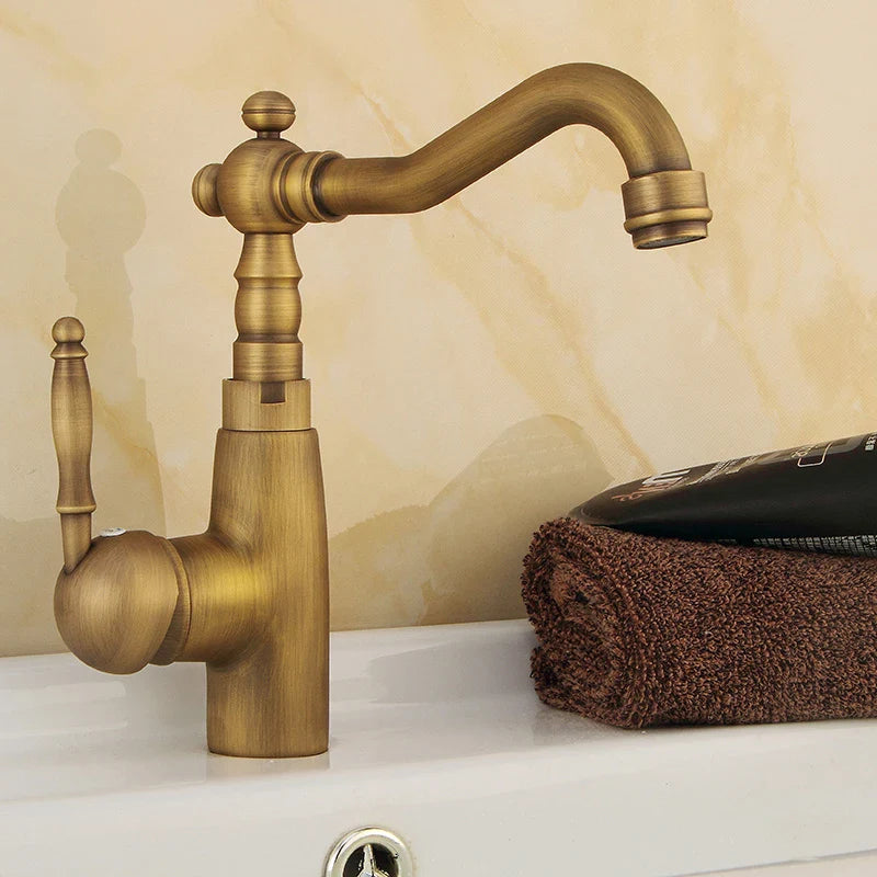 Afralia™ Antique Brass Bathroom Sink Faucet Swivel Spout Single Handle Hot Cold Mixer Tap